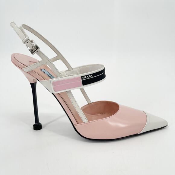 Prada Pink White Brushed Leather Logo Strap Slingback Cap Toe Heels IT 40 - Picture 3 of 16